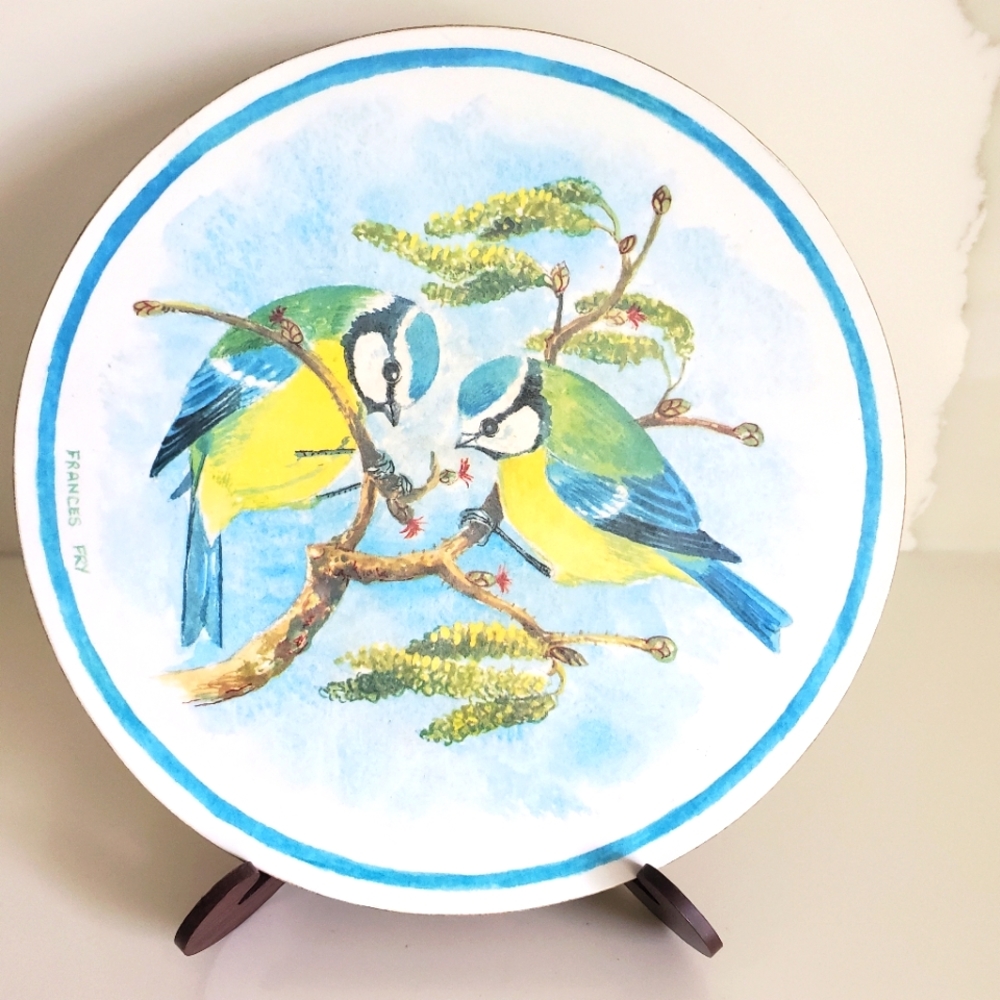 Vintage Bird Art EURASIAN BLUE TIT Perched Birds by British Artist Frances Fry